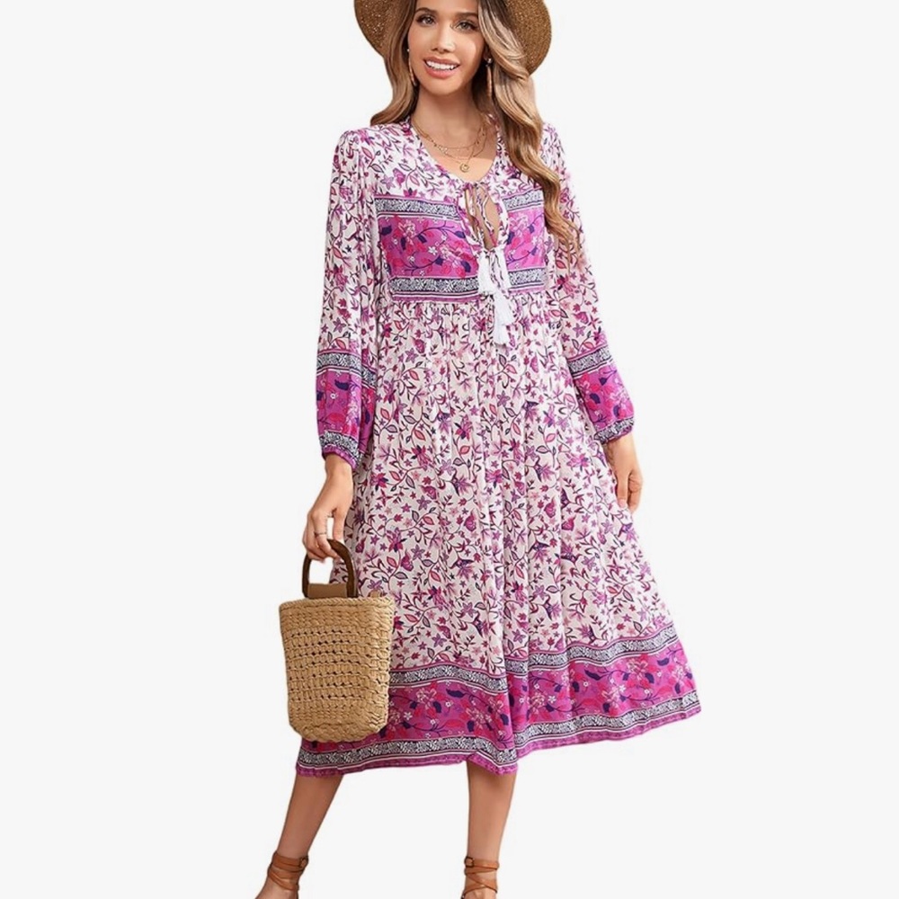 Viviimos Magenta Floral Boho Midi Dress XXL Tassel Tie Long Sleeve